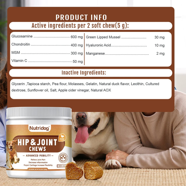 Hip &amp; Joint Chews for Dogs , Glucosamine, Chondroitin &amp; MSM (Duck Flavor)