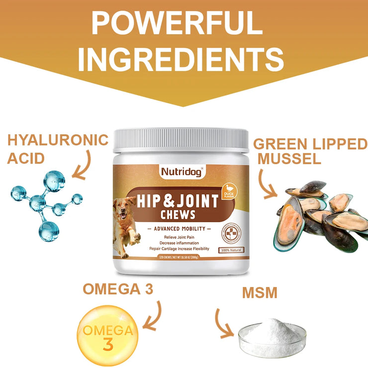 Hip &amp; Joint Chews for Dogs , Glucosamine, Chondroitin &amp; MSM (Duck Flavor)